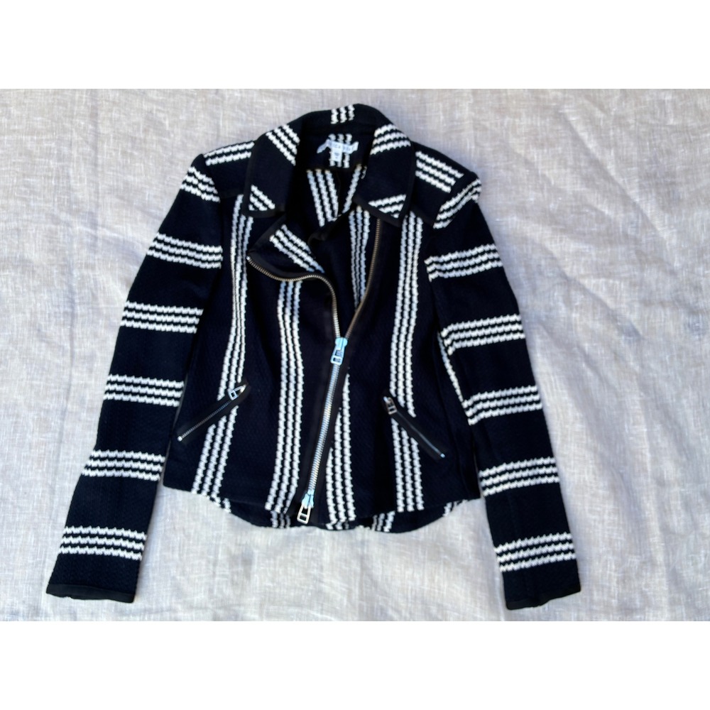 Veronica Beard Navy White Striped Cotton Moto Jacket PS17-TSK1247 Small